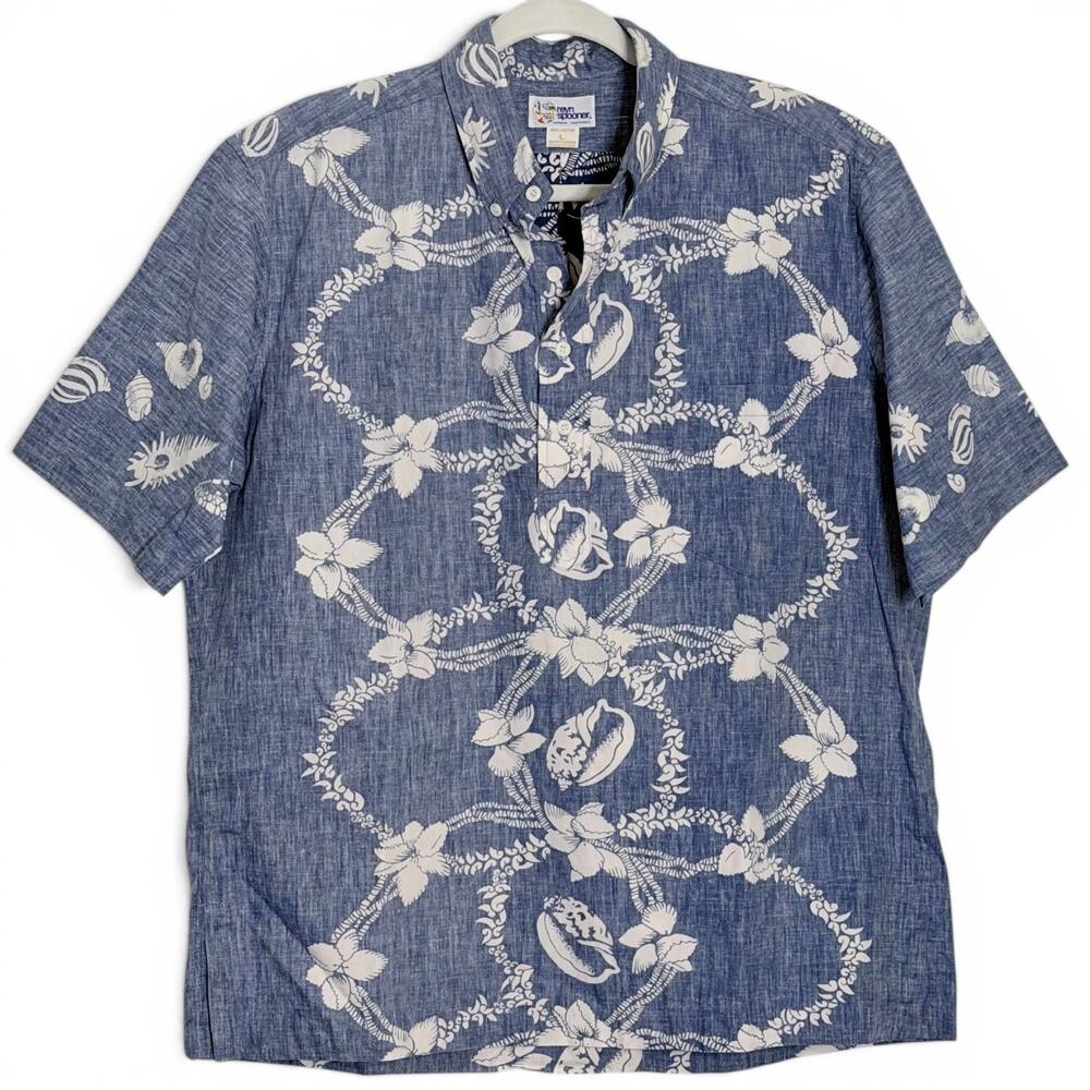 Reyn Spooner Reverse Print Hawaiian Shirt Blue Pullover Vintage Aloha Size L